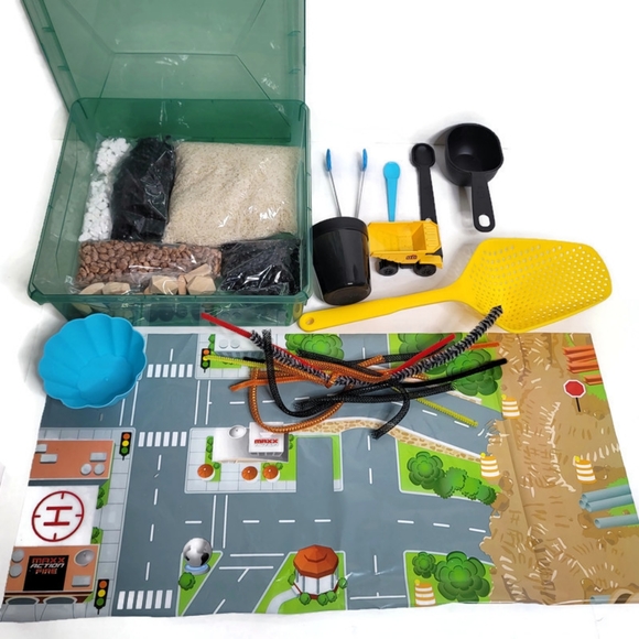 Sensory bin construction site with dump truck rocks rice beans scoops and more! - Picture 3 of 8